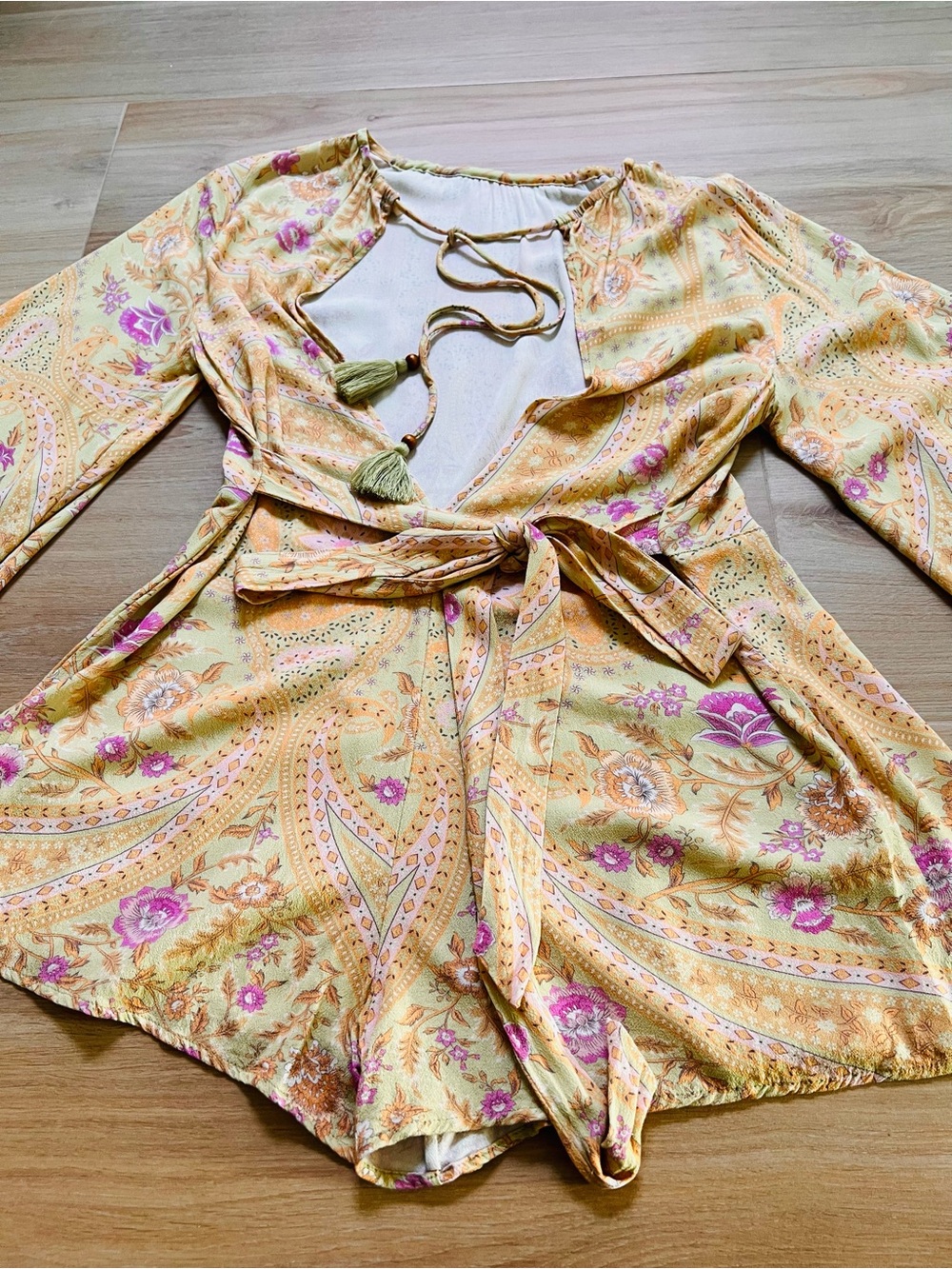 Spell Designs Belladonna Romper XS Dusty Olive Floral Open Back Tassel Boho $229 - Picture 4 of 12